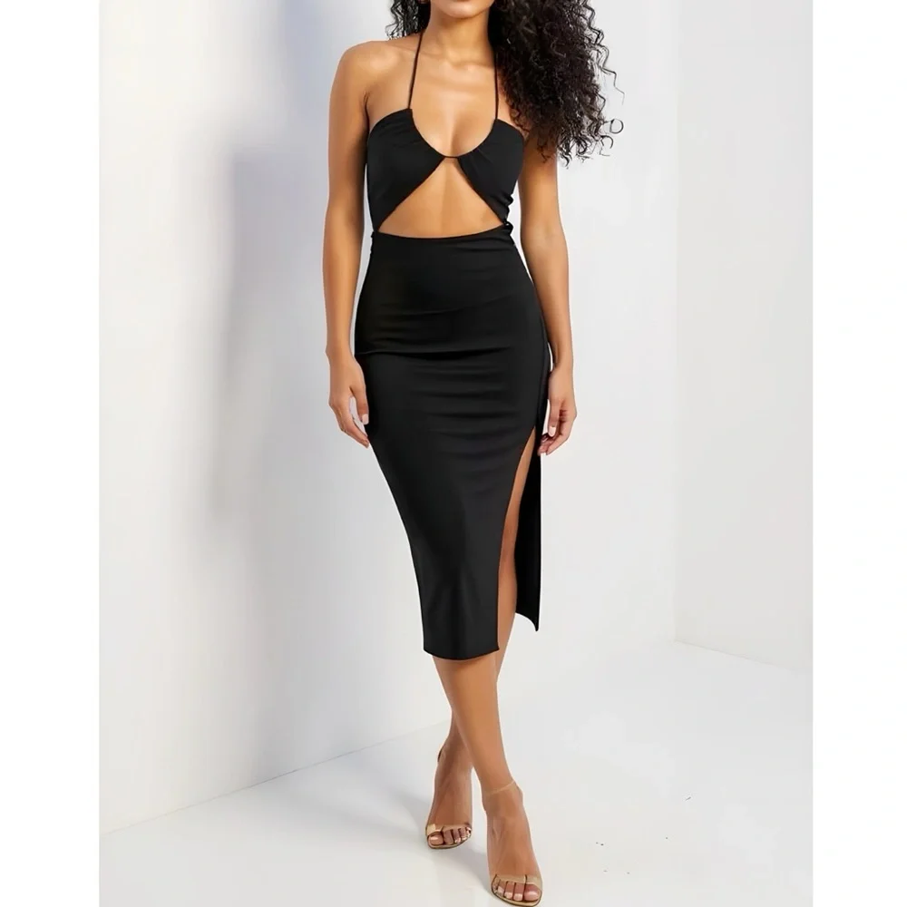 NBD Greta Halter Knit Midi Dress, Black, Large